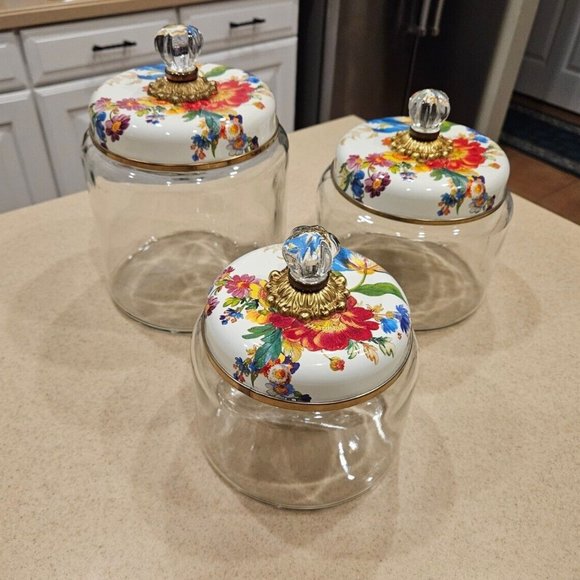 Mackenzie Childs Other - MACKENZIE CHILDS WHITE FLOWER MARKET S M L CANISTER JAR ORGANIZER KITCHEN BAKING